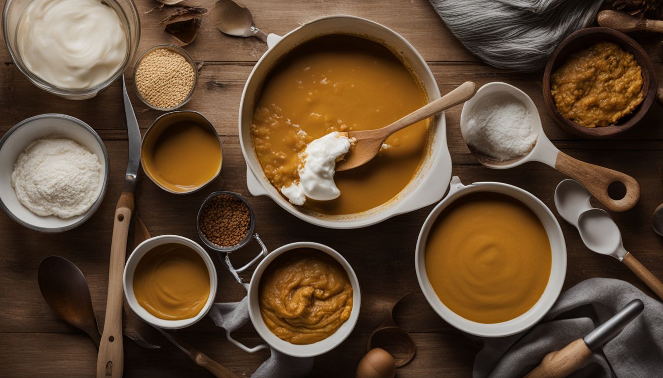 A mixing bowl filled with pumpkin pie filling surrounded by kitchen utensils in a well-lit atmosphere.
