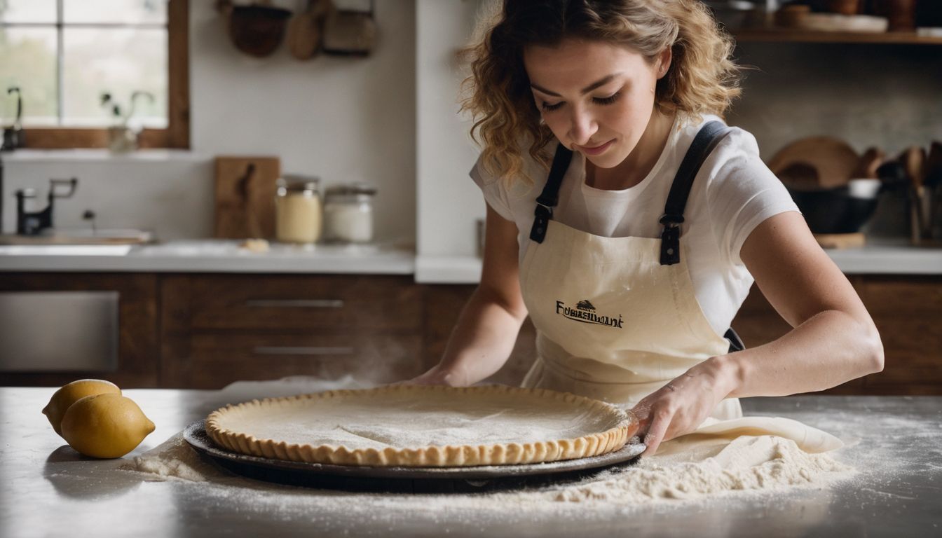A person is rolling out pie crust dough in a bustling kitchen atmosphere.