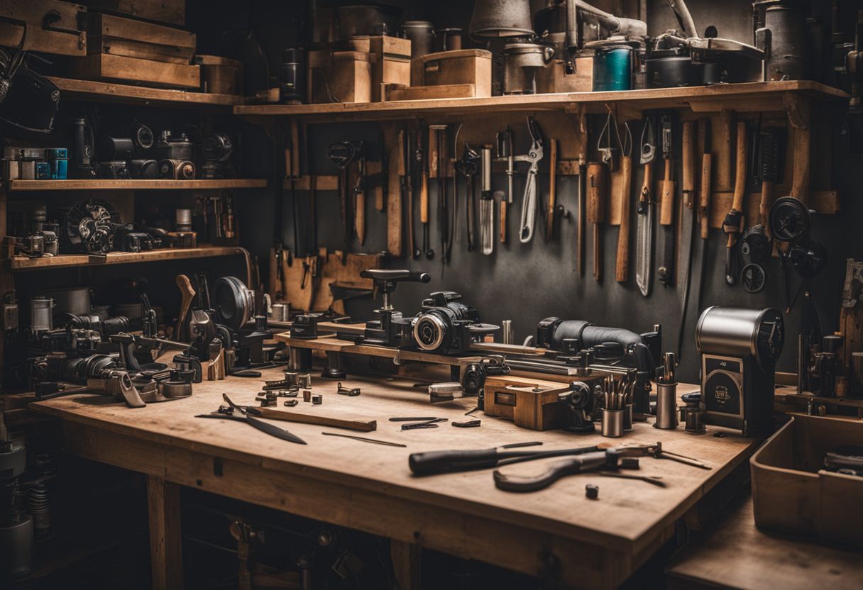 A well-organized workbench with tools, bicycle parts, and a motor kit.