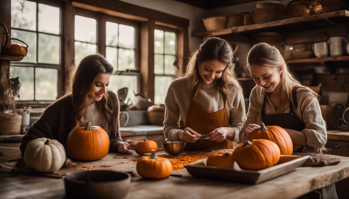 A rustic kitchen scene with pumpkin puree and autumn spices, featuring a bustling atmosphere and diverse individuals.