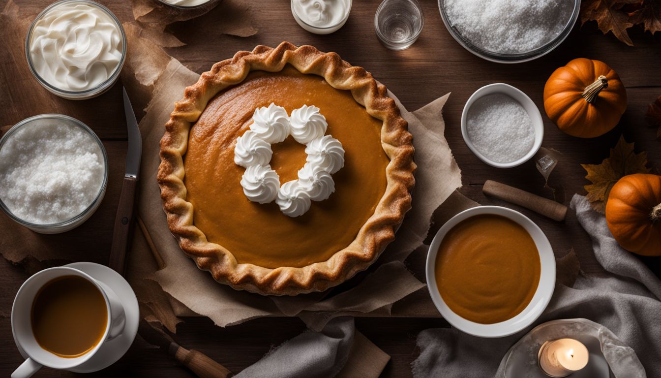 A neatly wrapped pumpkin pie surrounded by frosty freezer items in a bustling atmosphere.