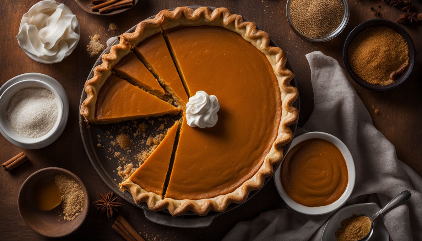 A close-up photo of a freshly baked pumpkin pie with a scattering of brown sugar and spices.