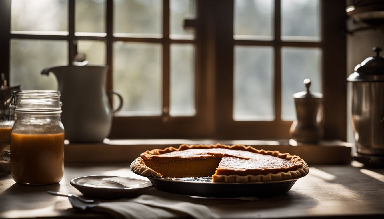 A rustic kitchen with a freshly baked Libby's Pumpkin Pie cooling on a window sill.