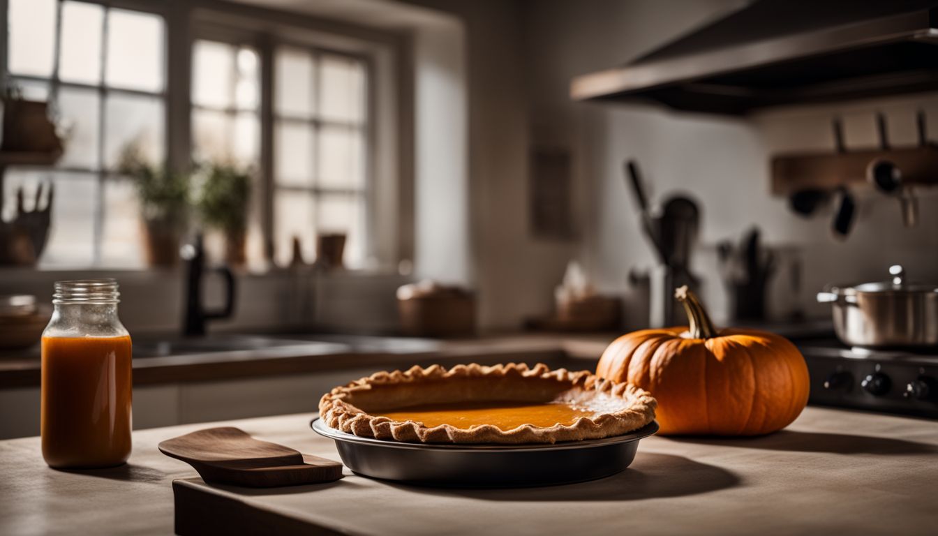 A rustic kitchen scene with a freshly baked pumpkin pie cooling on the counter.