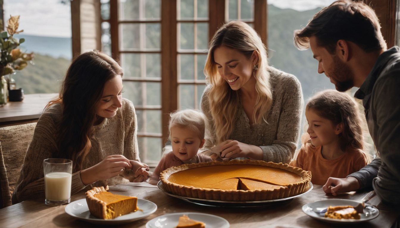 A family enjoying a slice of homemade pumpkin pie around the dinner table.