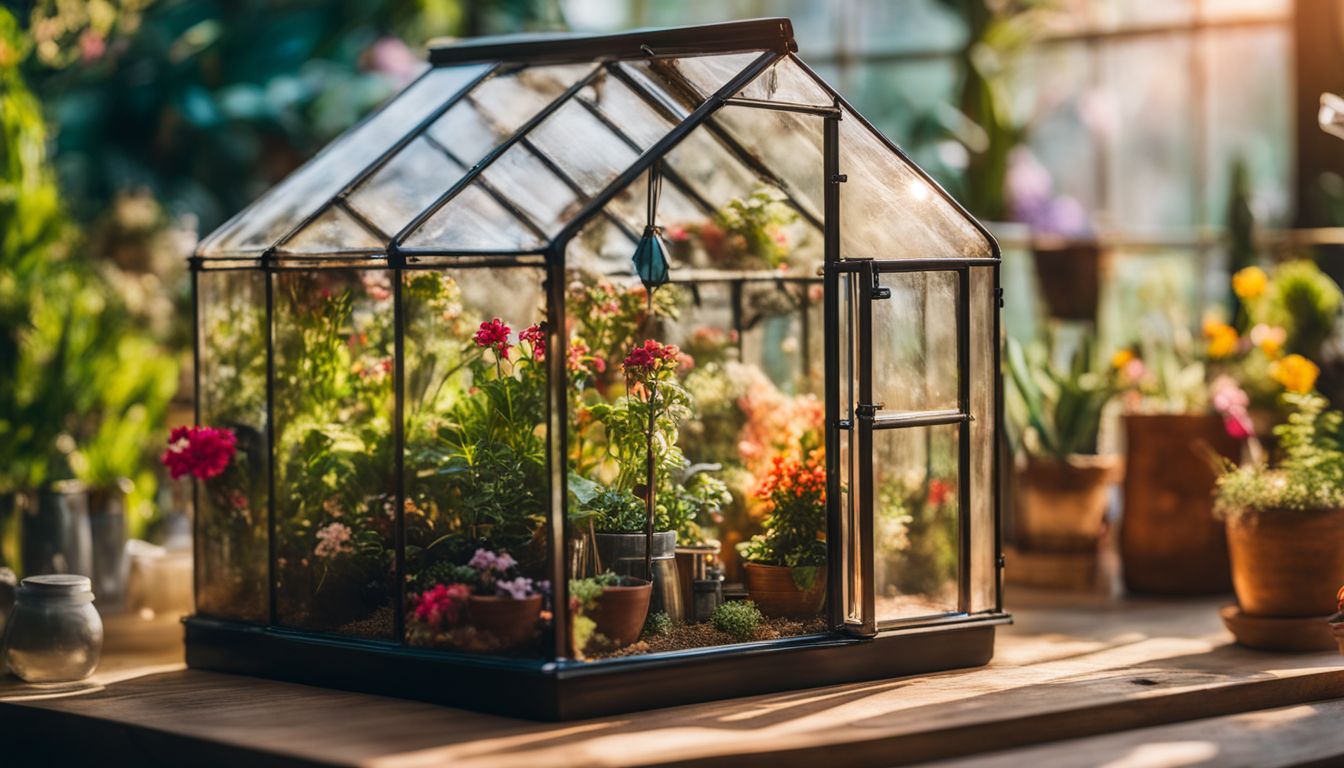 A miniature greenhouse kit in a colorful, bustling garden.