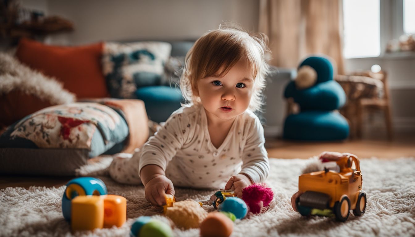 A toddler with a runny nose playing in a cozy living room.