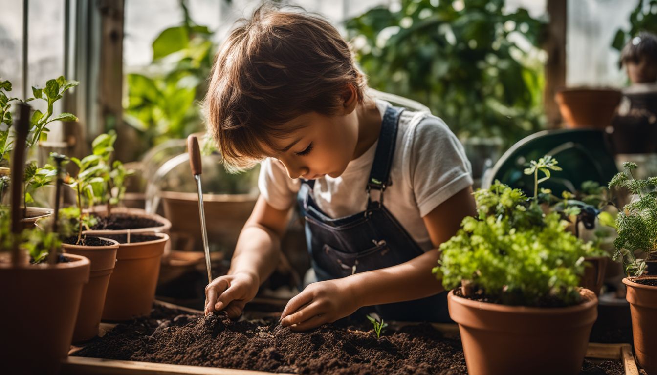 A child planting seeds in a mini greenhouse surrounded by gardening tools.