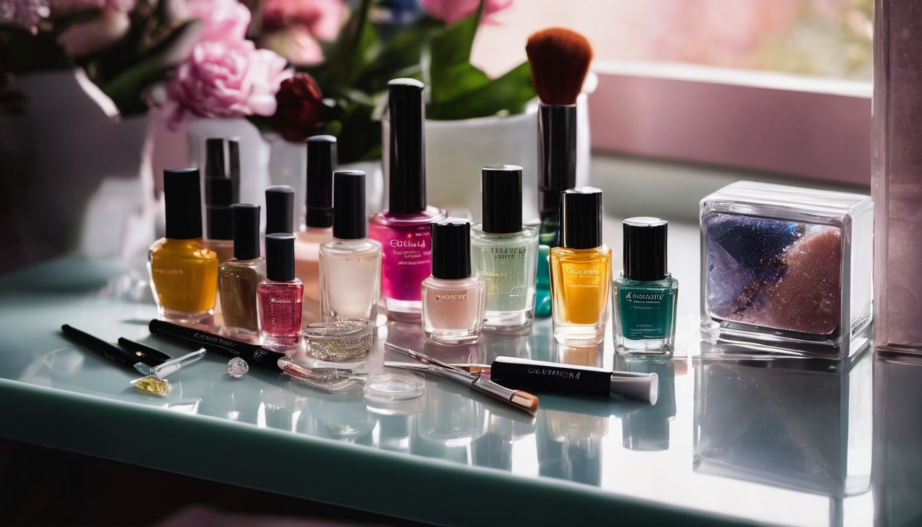 A neatly arranged acrylic nail kit on a stylish vanity table.