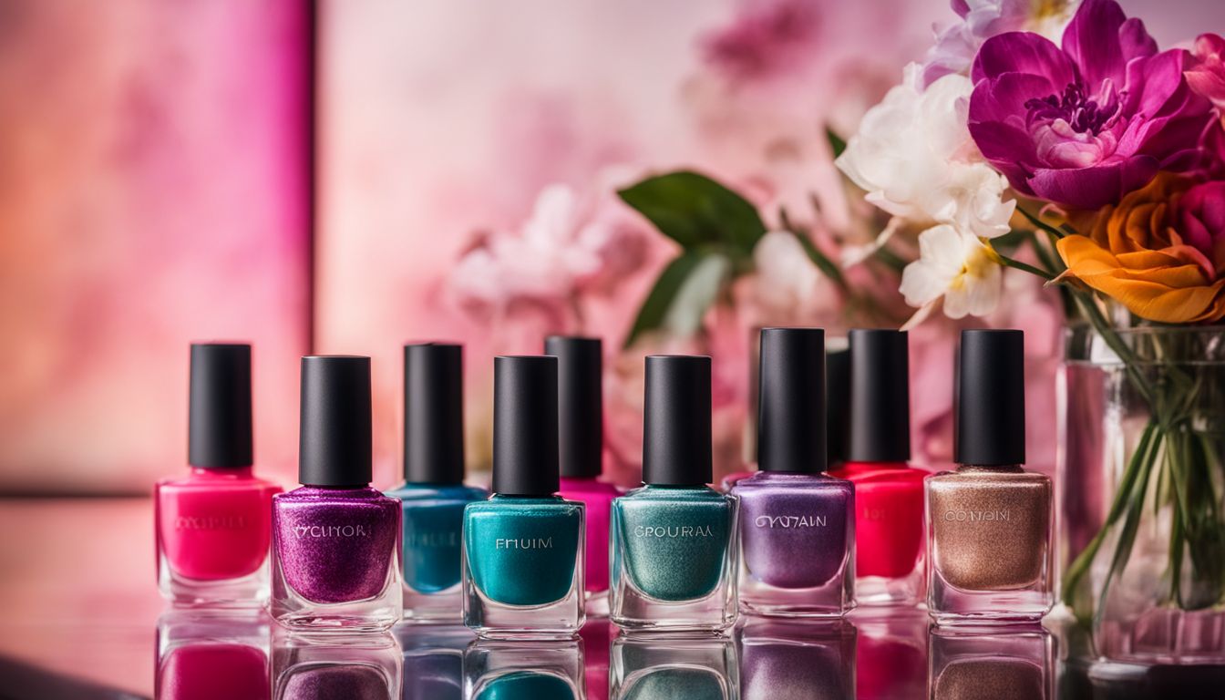 A variety of vibrant nail polishes arranged on a modern vanity.