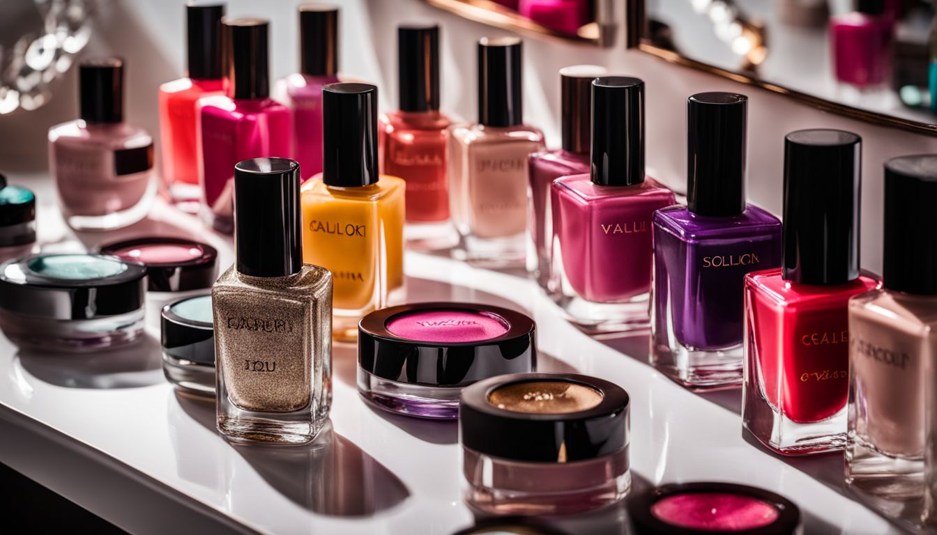 Luxury nail polish bottles displayed on a sleek vanity with elegant décor.