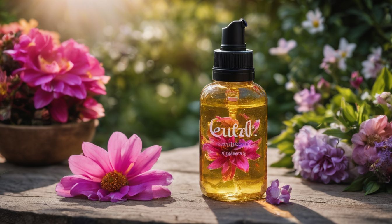 A bottle of nail glue surrounded by vibrant, colorful flowers in a garden.
