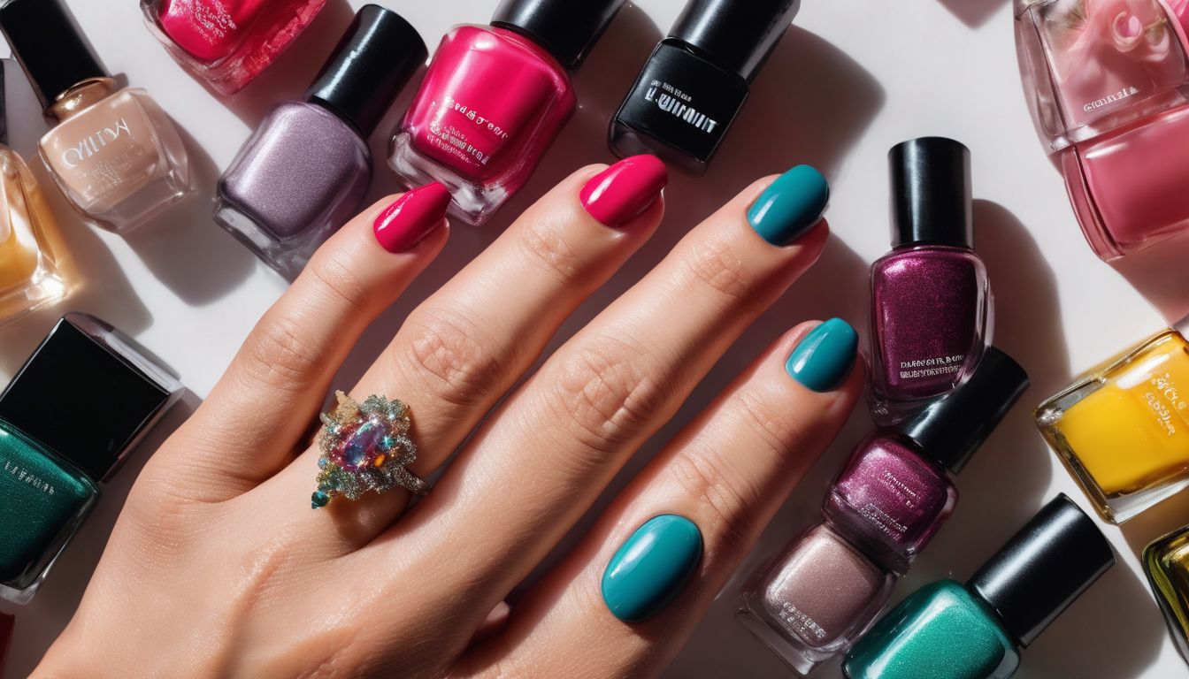 A collection of stylishly painted nails and accessories in vibrant colors.