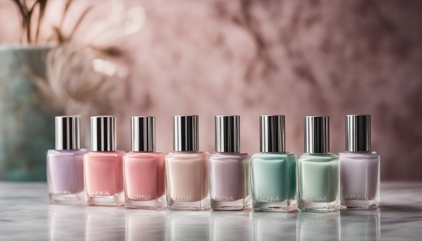 A set of pastel colored nail polish bottles arranged on a marble countertop.