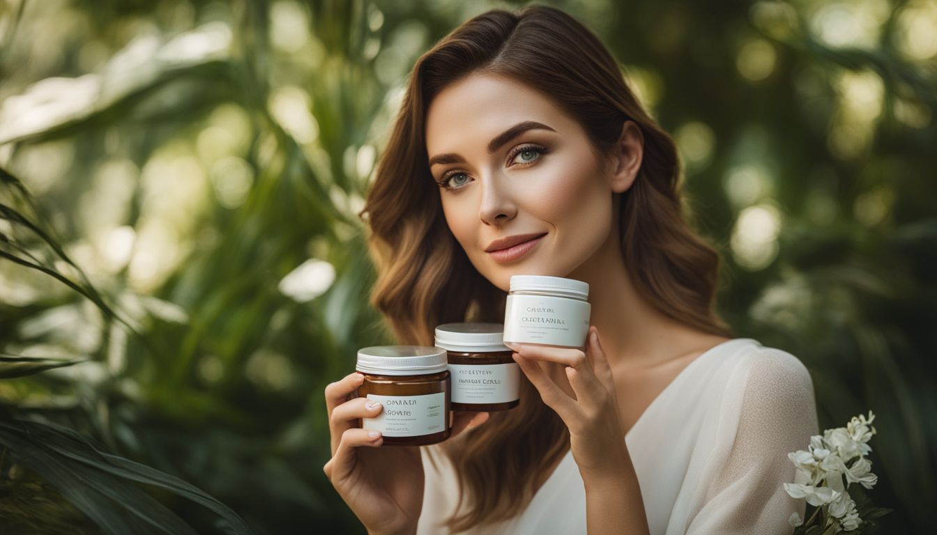 A woman surrounded by lush greenery holds natural skincare products in a bustling atmosphere.