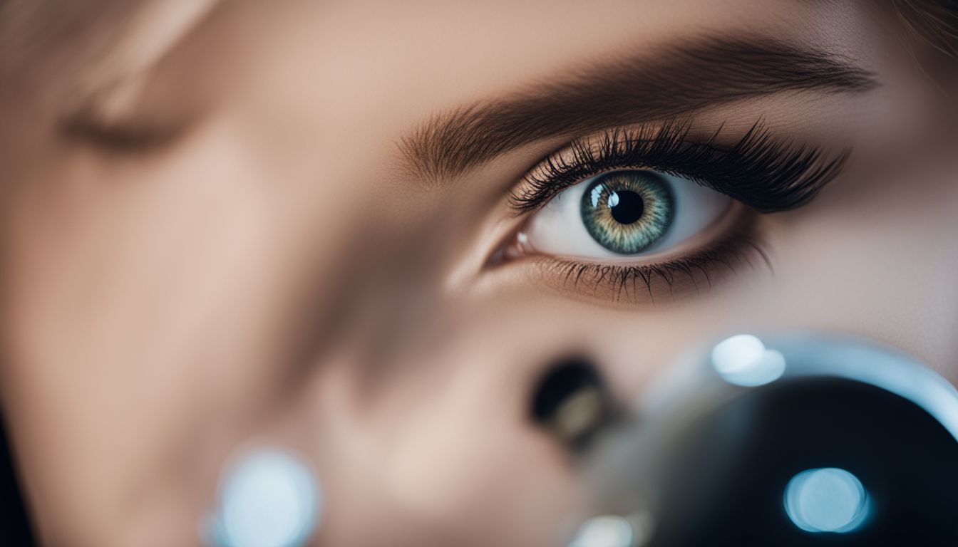 Kobieta nosząca czarne soczewki kontaktowe patrząca w lustro.