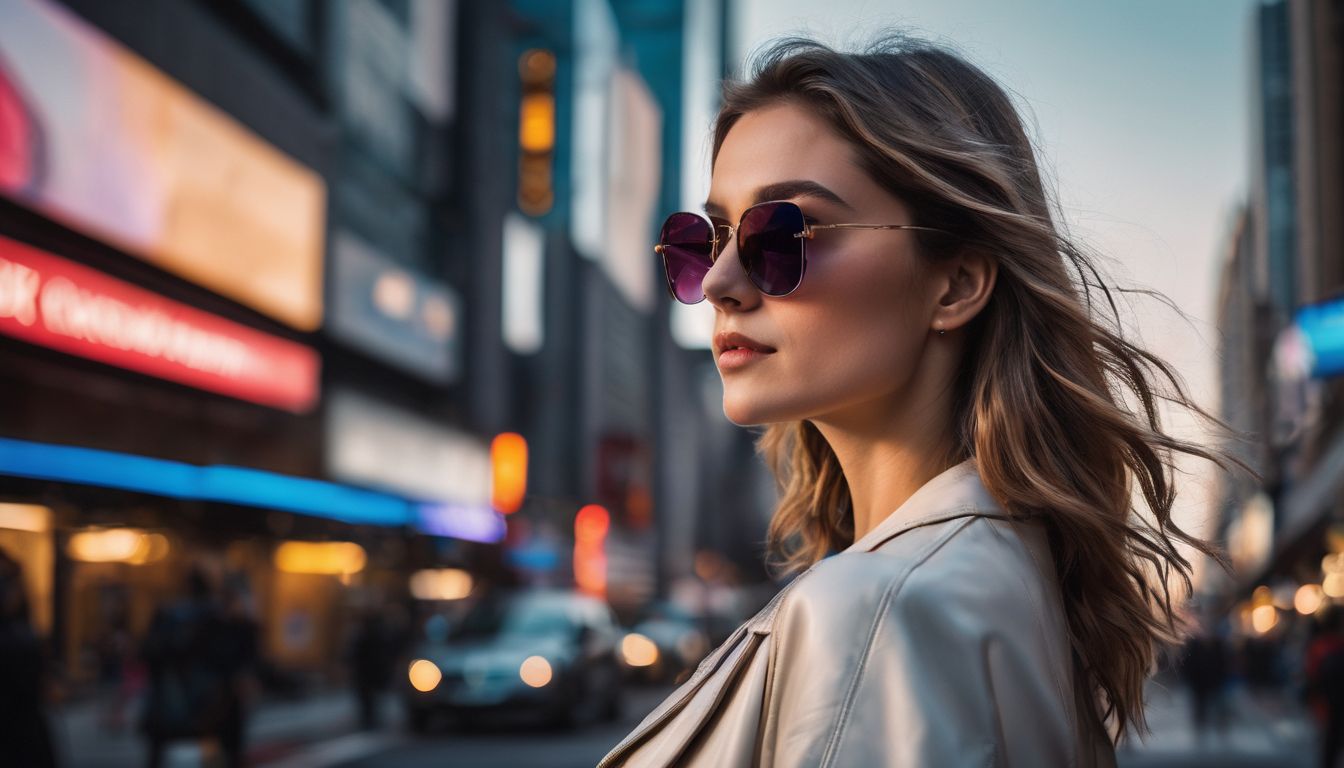 Osoba nosząca nowoczesne okulary przeciwsłoneczne w futurystycznym środowisku miejskim.