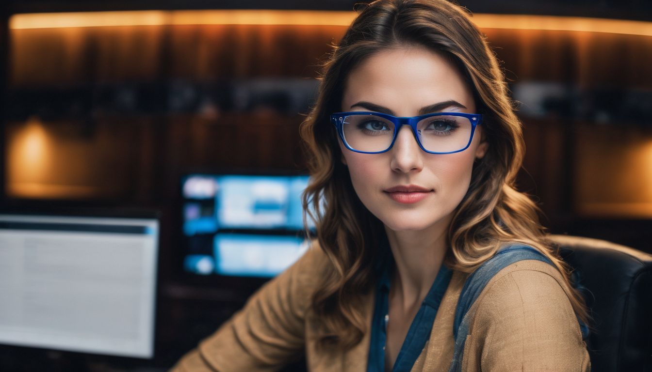 Osoba nosząca okulary ochronne przed światłem niebieskim siedząca przed komputerowym ekranem.
