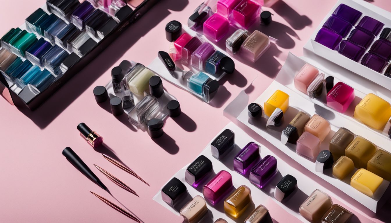 A variety of acrylic nail kits laid out on a clean, organized tabletop.