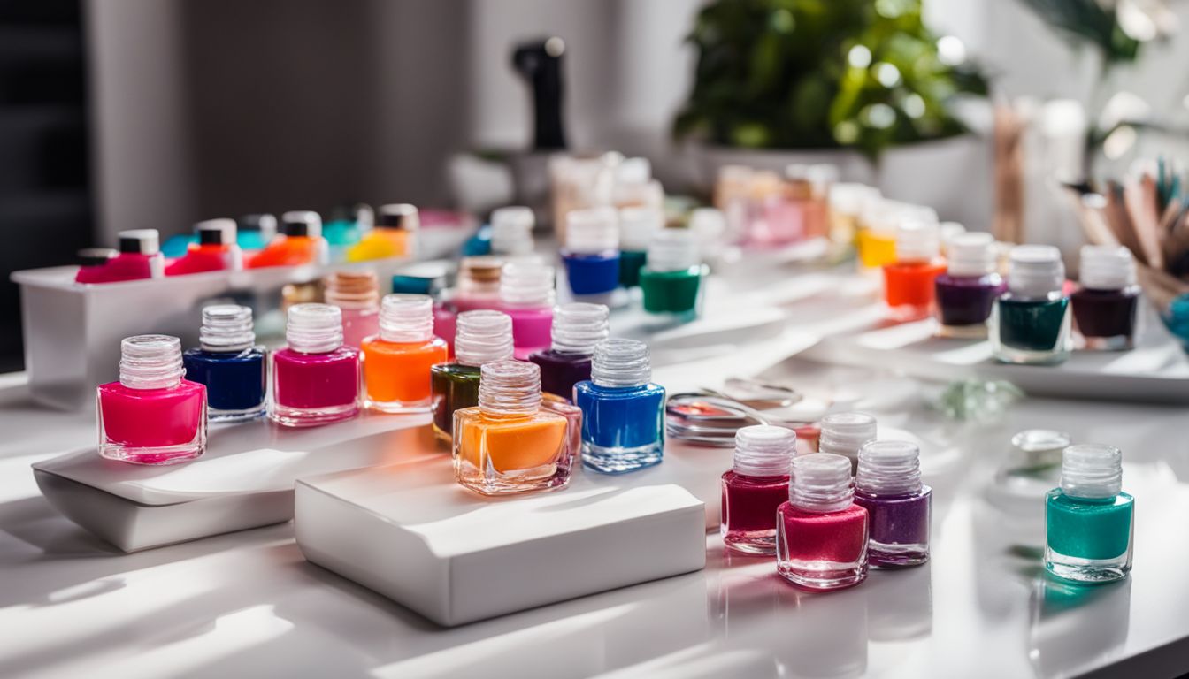 A diverse array of colorful nail kits displayed on a modern table.
