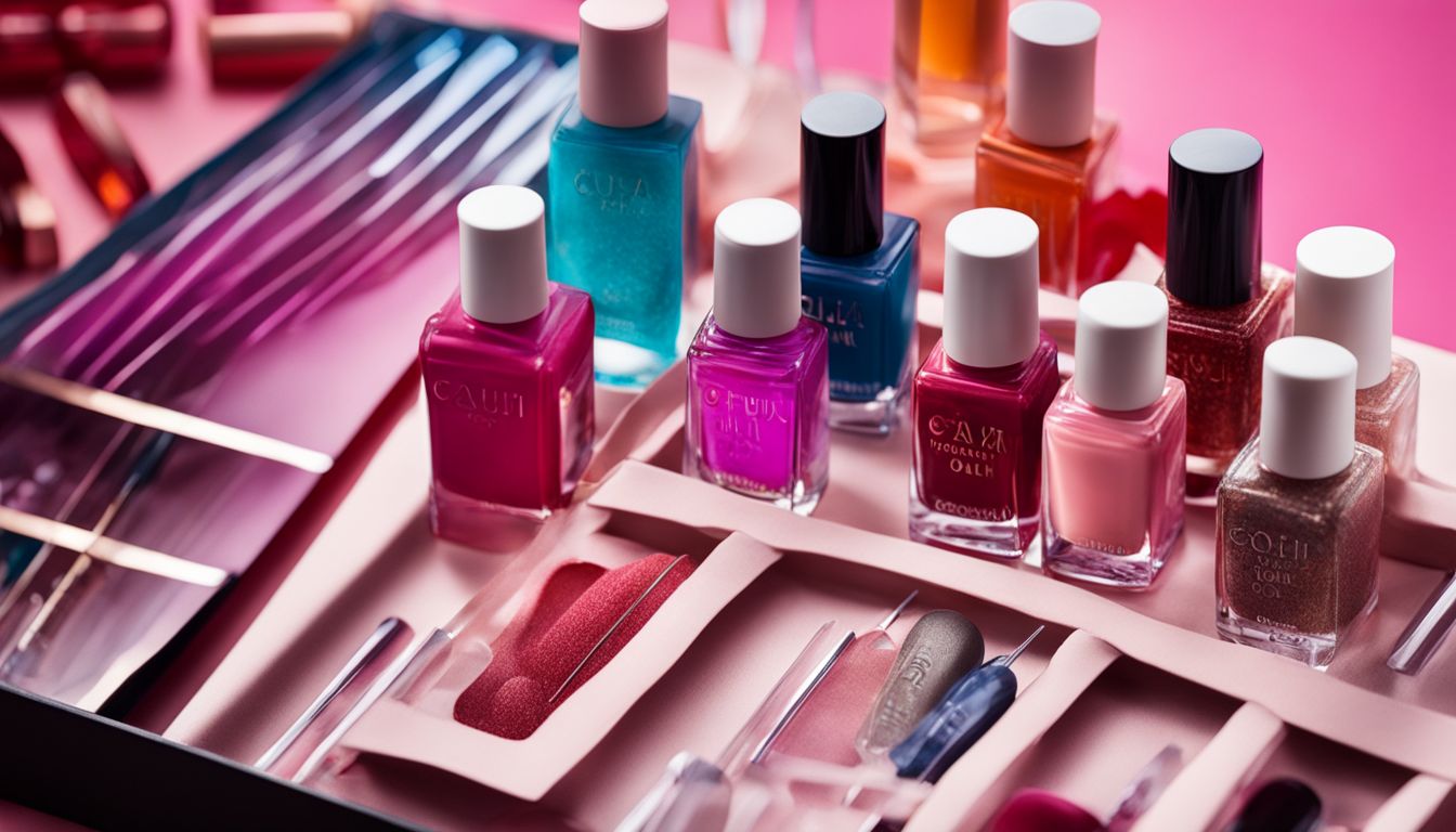 A display of various press-on nail sets against a chic background.