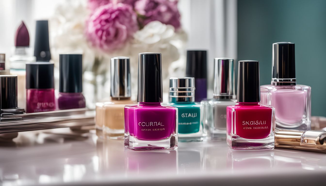 Elegant nail polish bottles on a minimalistic vanity table.