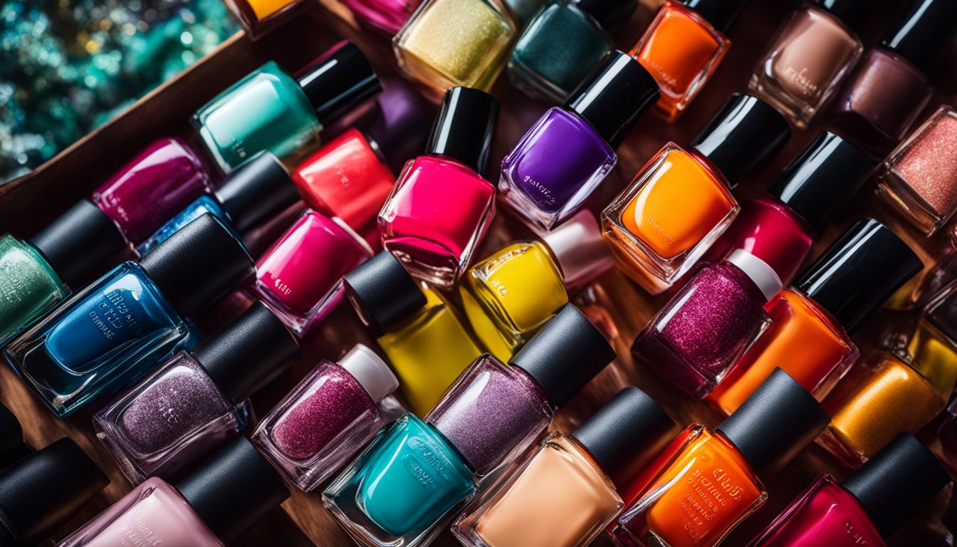 A colorful nail polish collection with trendy designs in a modern setting.