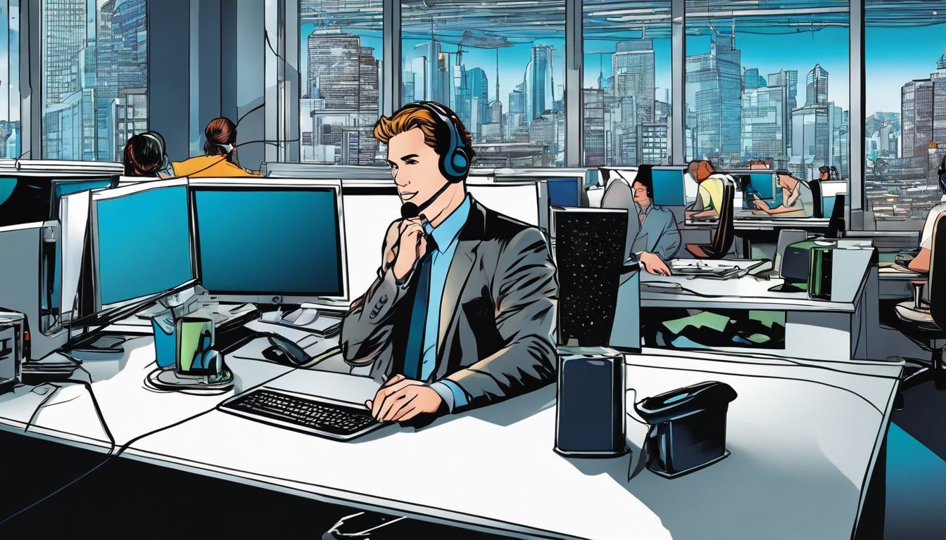 A modern call center equipped with CRM software and bustling energy.