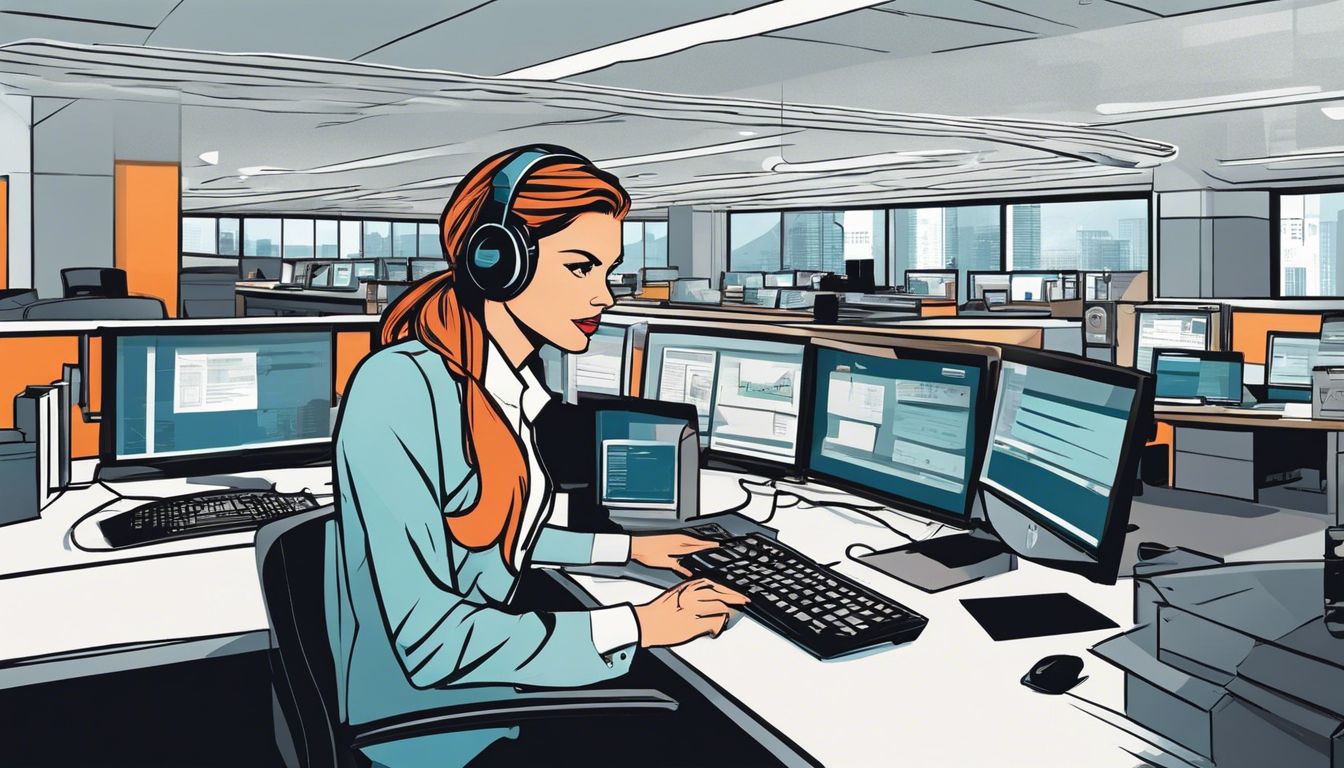 A call center employee confidently using CRM software in sleek office.