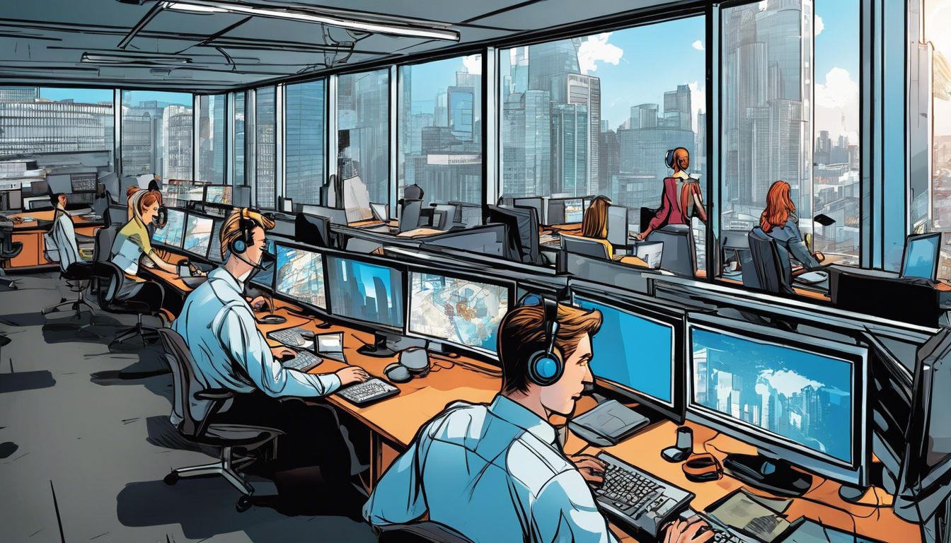 A modern, bustling call center office with diverse staff working diligently.