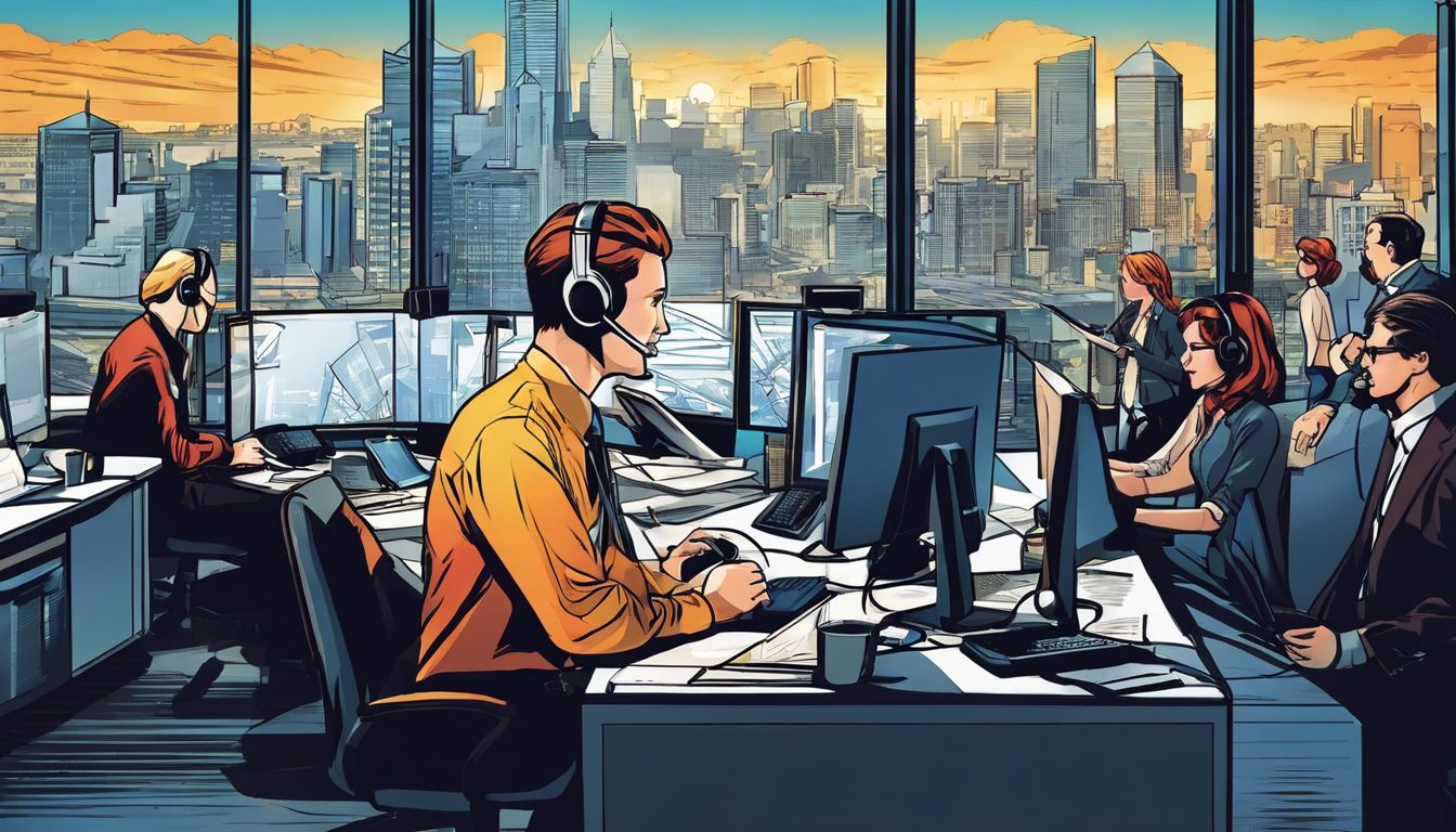 A call center team uses CRM software in a bustling city office.