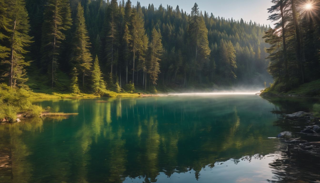 A serene lake surrounded by lush forest in a bustling atmosphere.