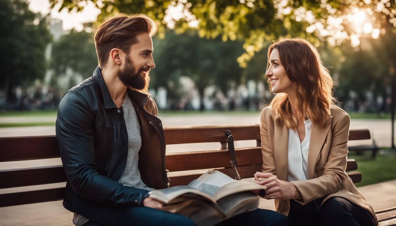 a man and woman sitting on park bench looking at each other