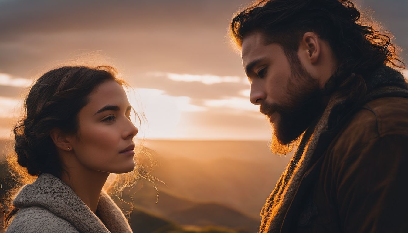 a man and a woman looking at each other with the sunset on their background