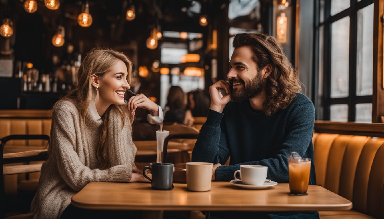 a woman and a man bonding in a cafe with four different drinks on the table