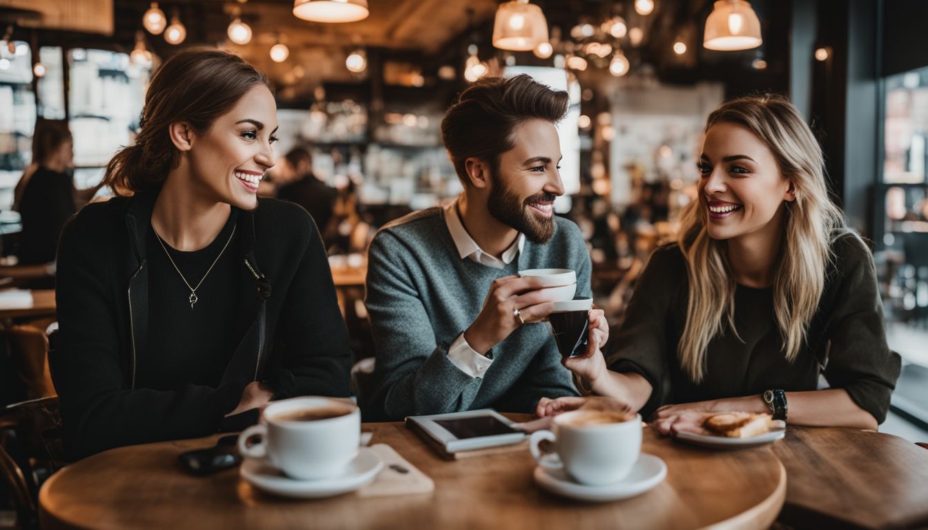 group of friends, two women and one man, having coffee