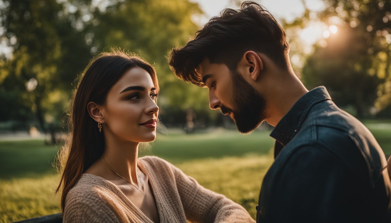 a bearded man looking at a beautiful woman