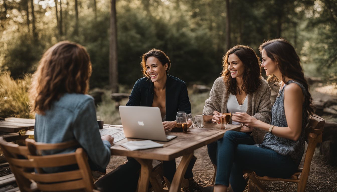 four women spending time together, sitting outside