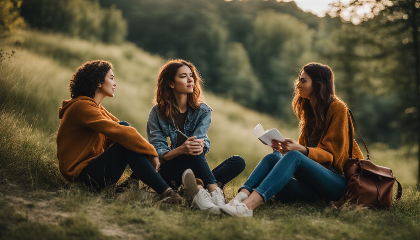 three women sitting on the grass having a conversation