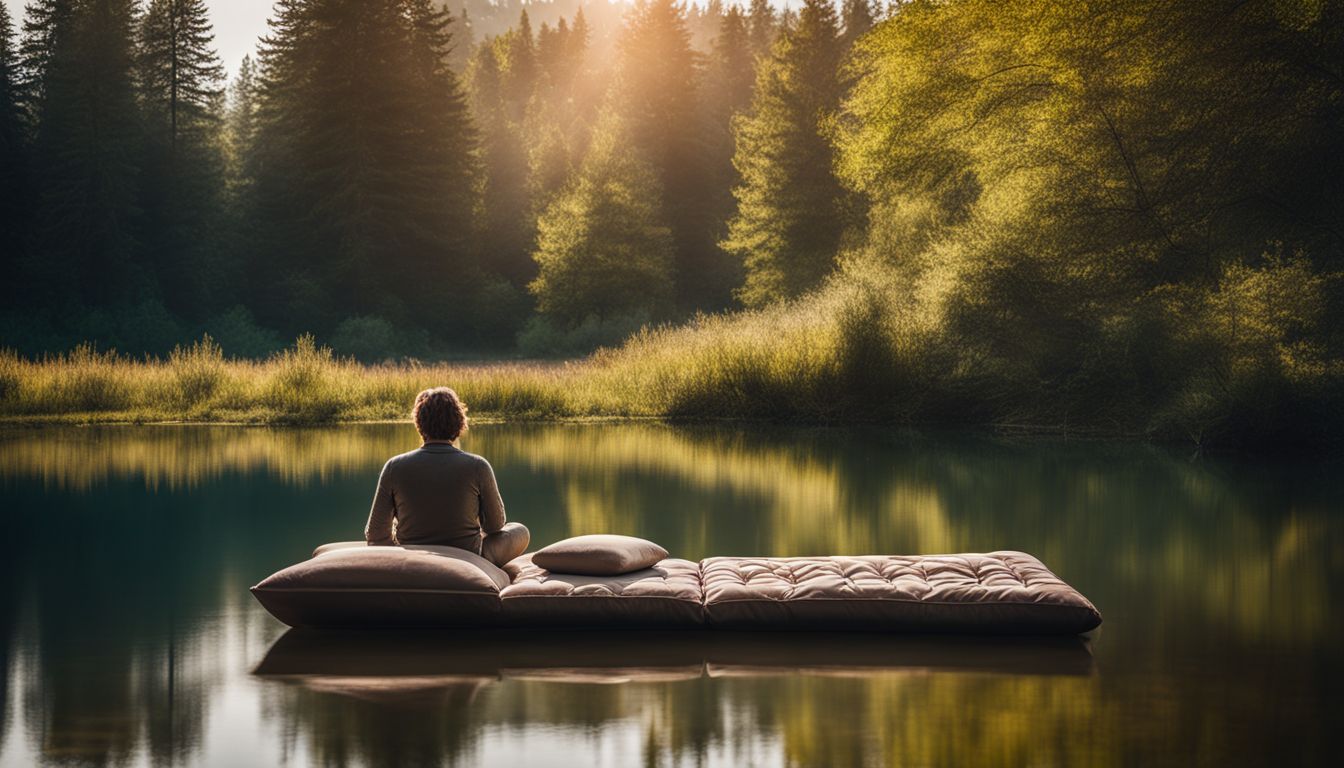 A peaceful lake with meditation cushions in serene nature.