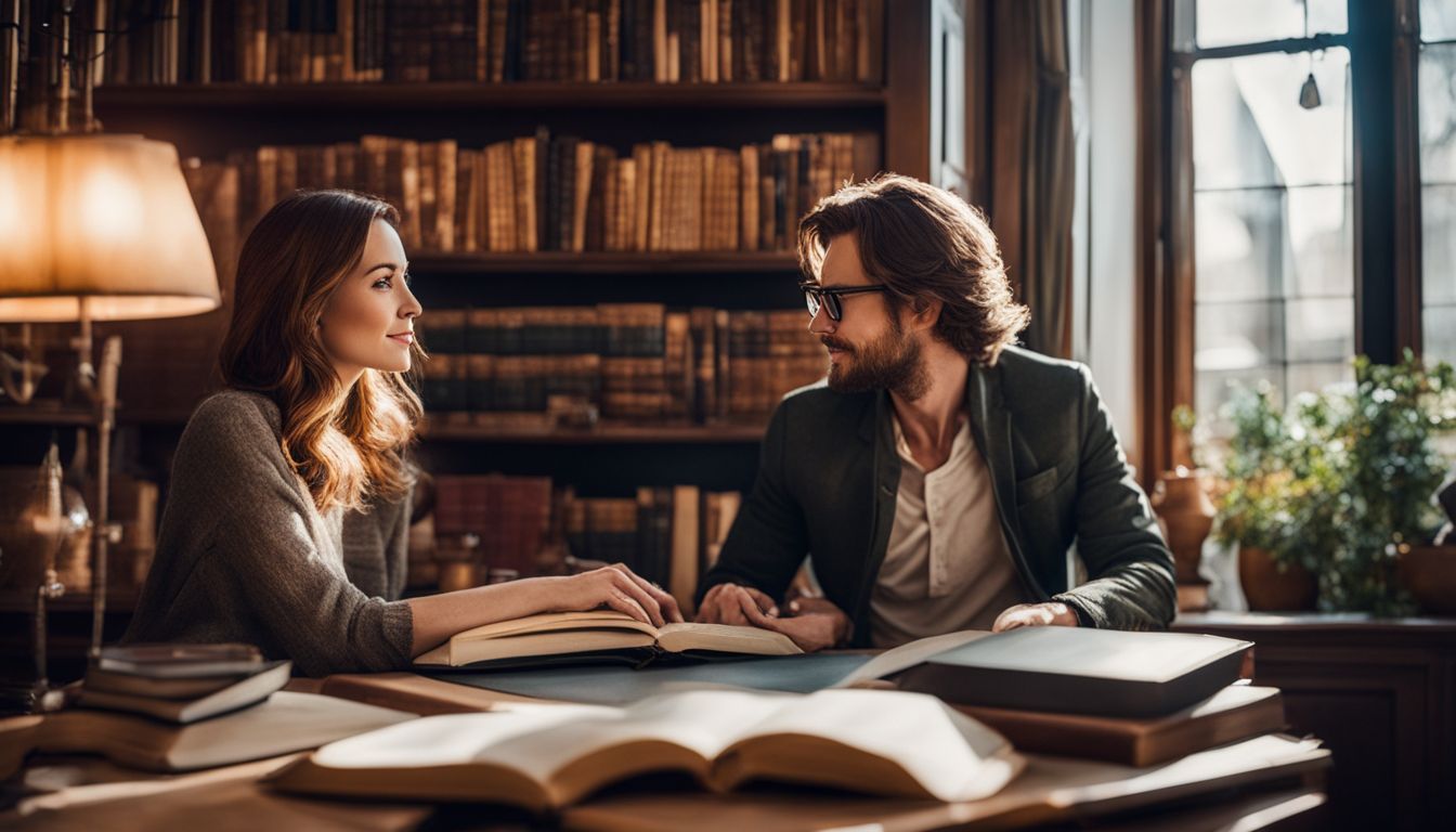 a man wearing glasses and a woman looking at him in a library