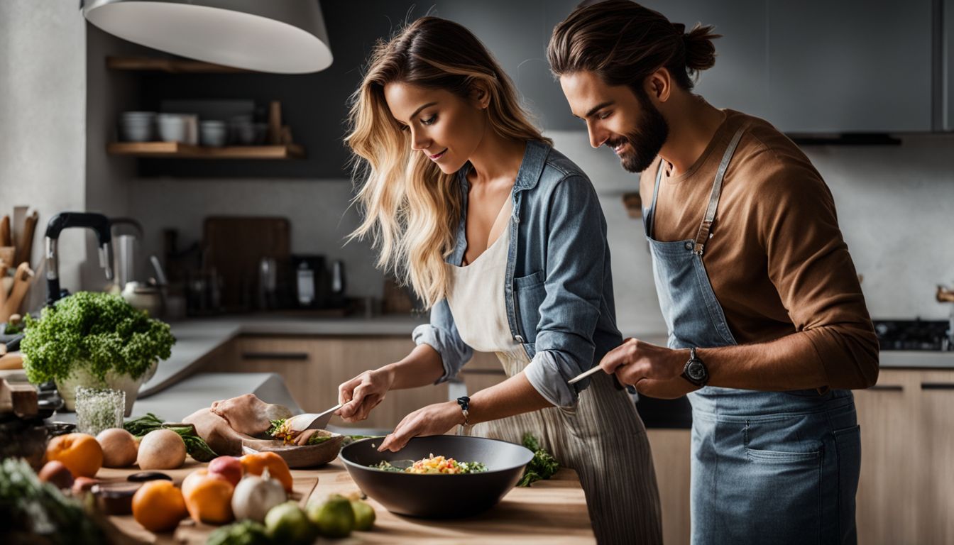 couple preparing salad in their kitchen