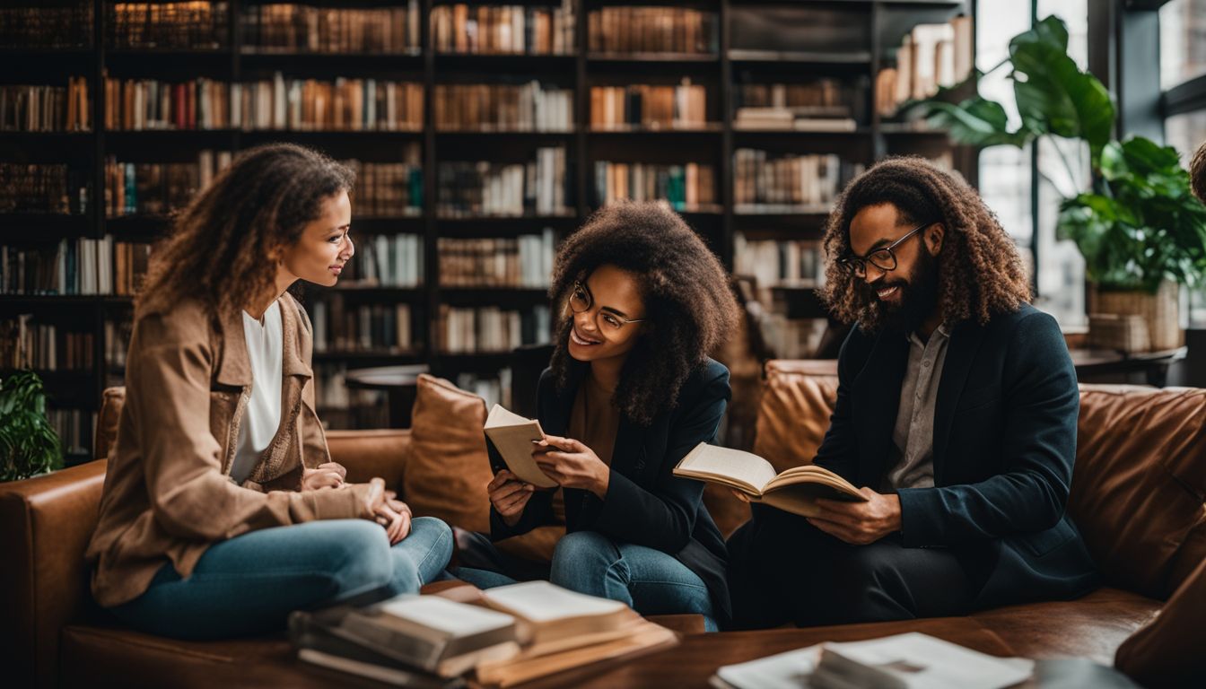 three people reading  books in a library