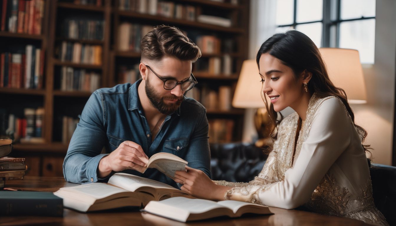 a man wearing glasses and a pretty woman reading books
