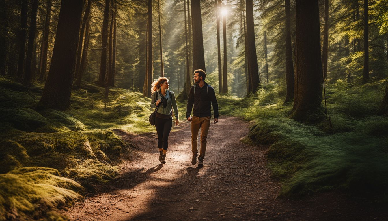 two people walking out of the woods