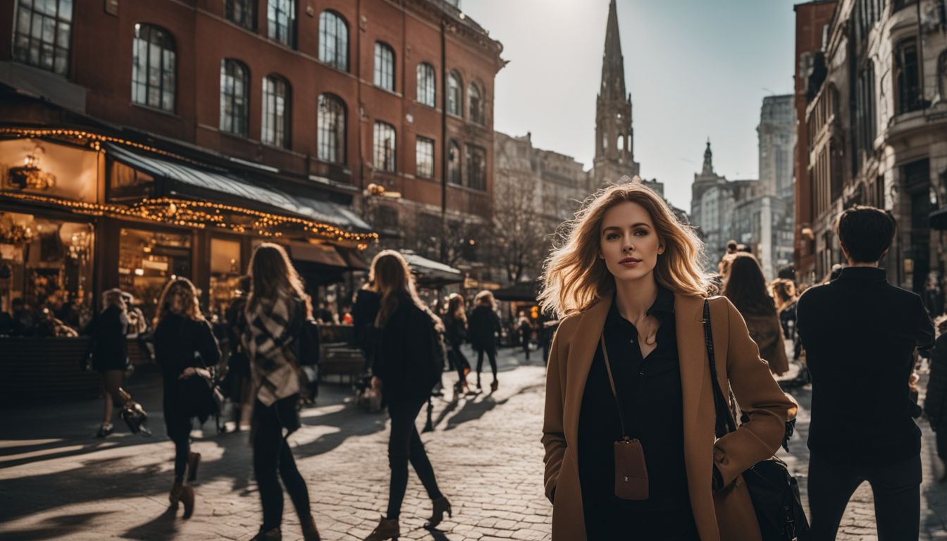 Woman walking in the city filled with people