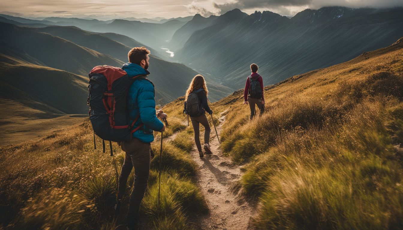 three people walking on a path toward high mountains