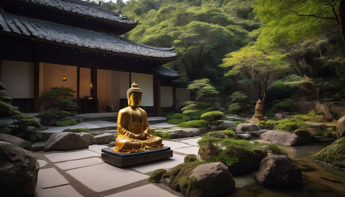A serene Zen garden with a meditating Buddha statue in focus.