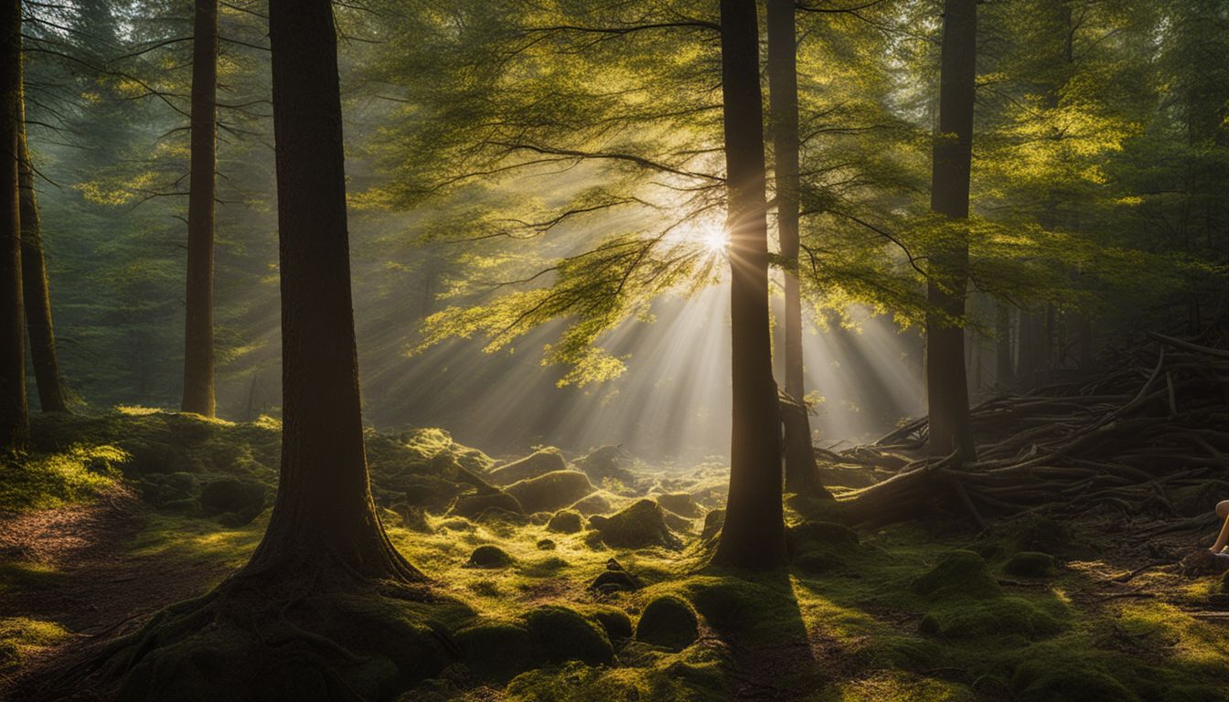 A tranquil forest with sunlight filtering through the trees.