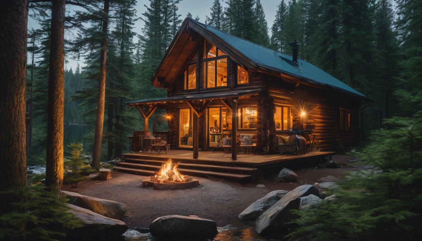 A cozy cabin in a tranquil forest with diverse people and styles.
